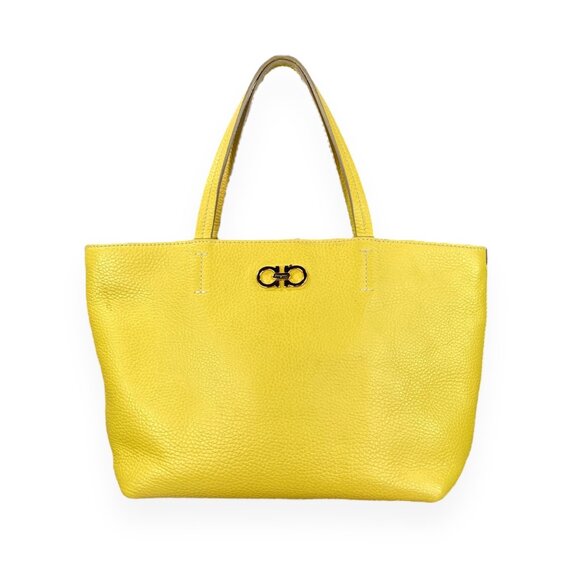 Vintage Salvatore Ferragamo Small Double Gancini Yellow Tote Bice - Picture 1 of 10